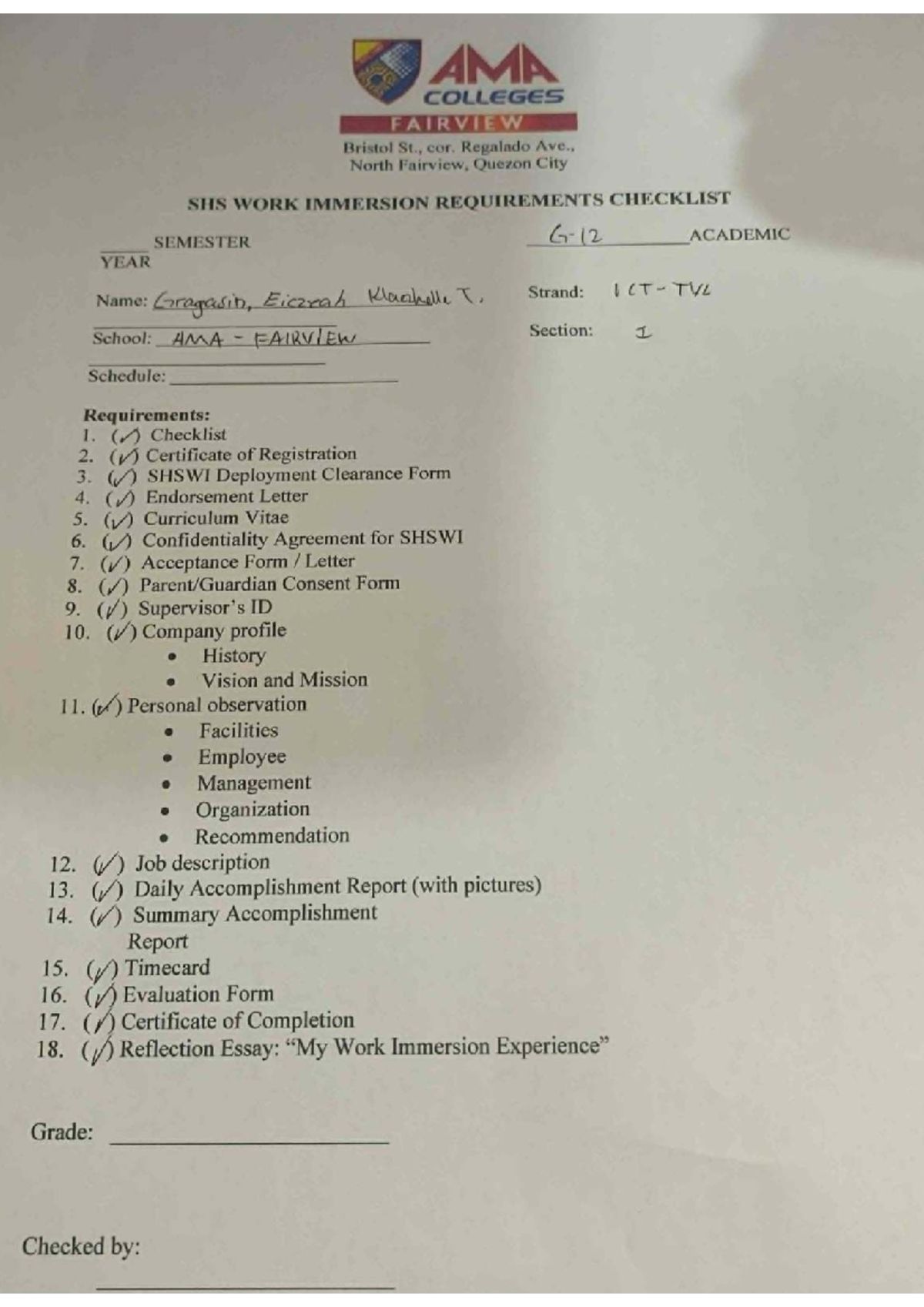AMA SHS Work Immersion Requirements Checklist and Weekly Report - Studocu