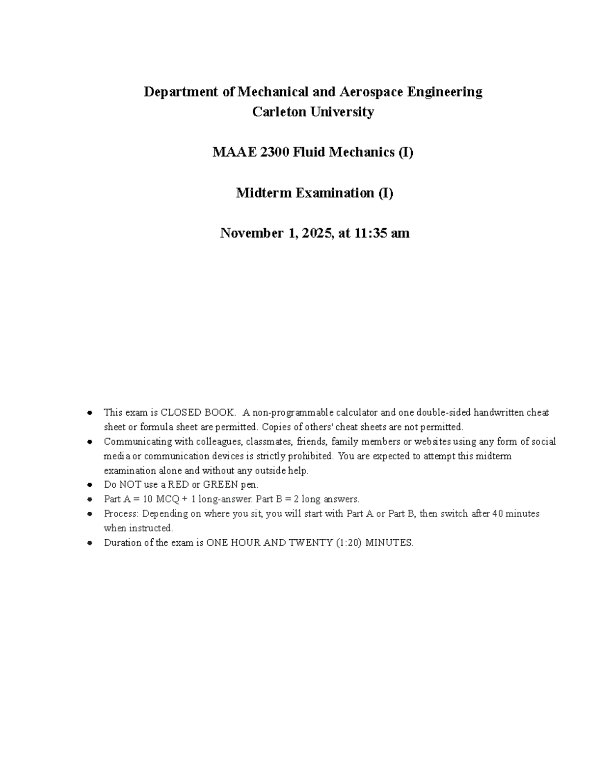 MAAE 2300 Fluid Mechanics I Midterm Exam Solutions F25 - Studocu