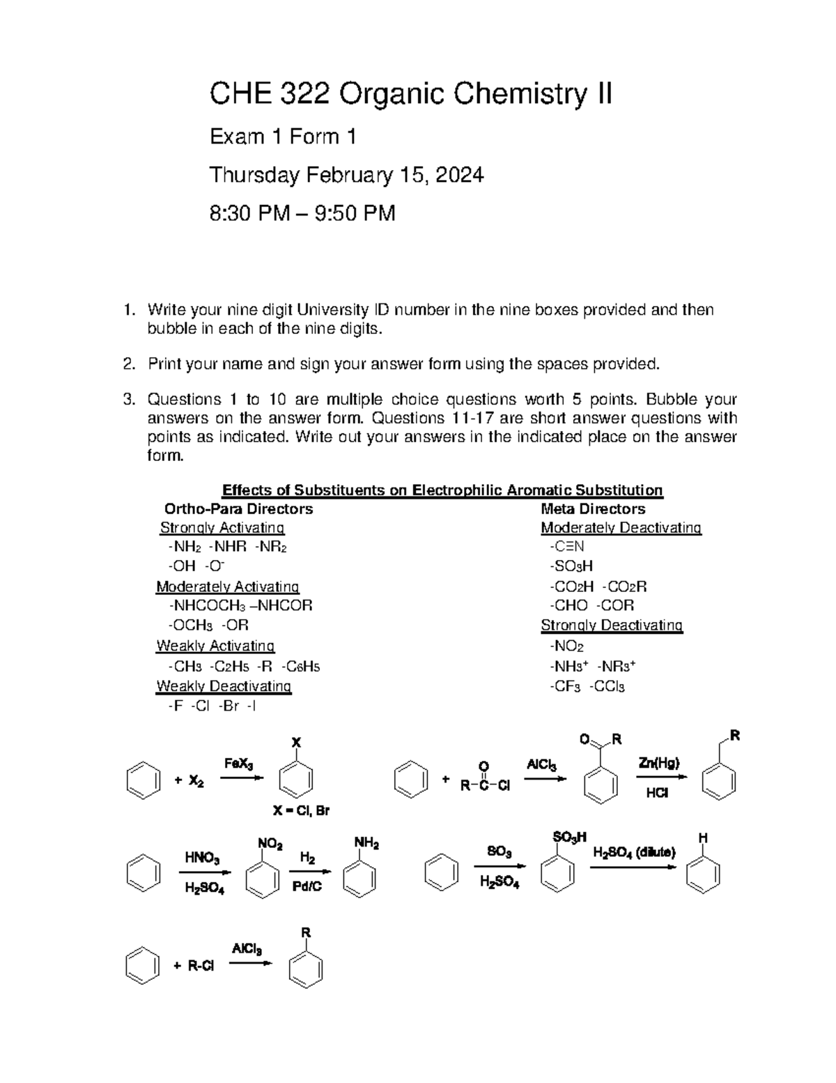 CHE 322 Organic Chemistry II Exam 1 Review and Practice Questions - Studocu