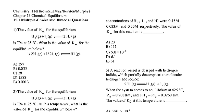 Chemistry 15: Chapter 15 Chemical Equilibrium Study Guide - Studocu