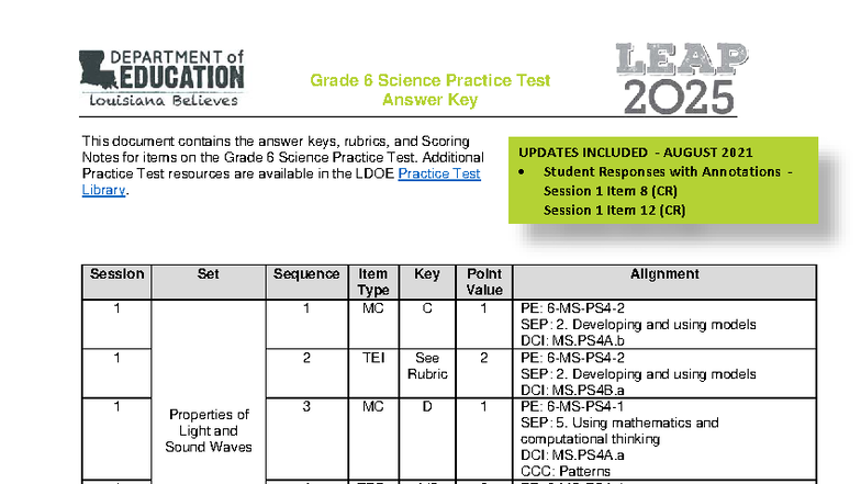 Grade 6 Science Practice Test Answer Key (LEAP 2025) - Studocu
