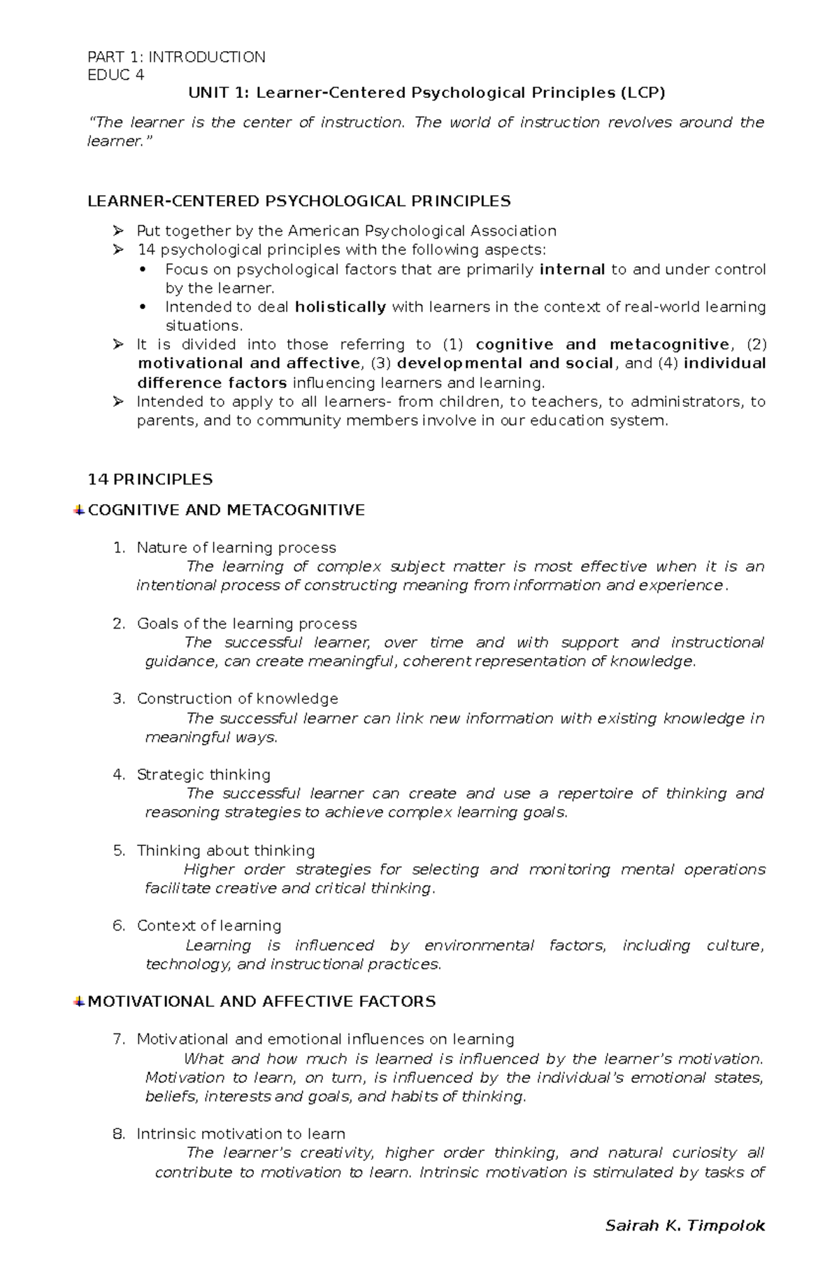 Psychological Principles in Education: EDUC 4 Unit 1 Overview - Studocu