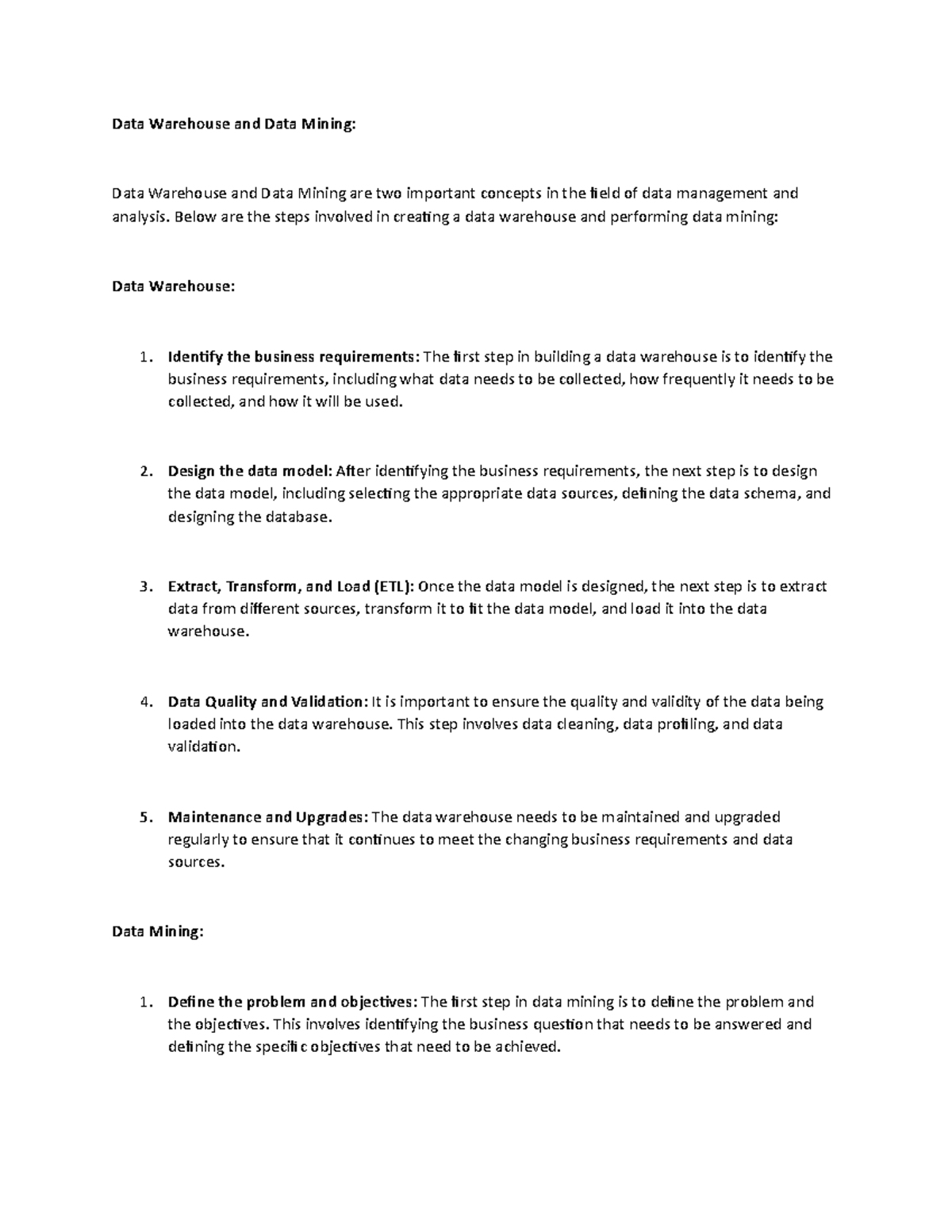 Data Warehouse and Data Mining - Below are the steps involved in ...