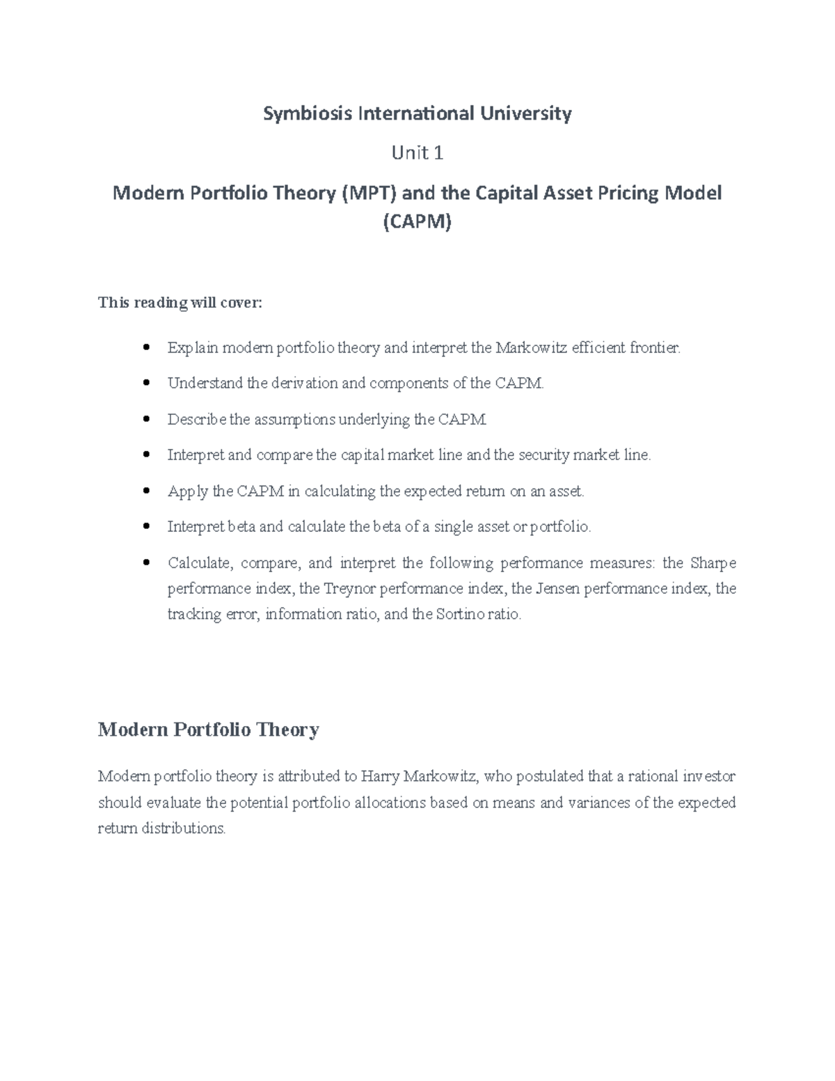 Unit 1 Modern Portfolio Theory (MPT) and the Capital Asset Pricing ...