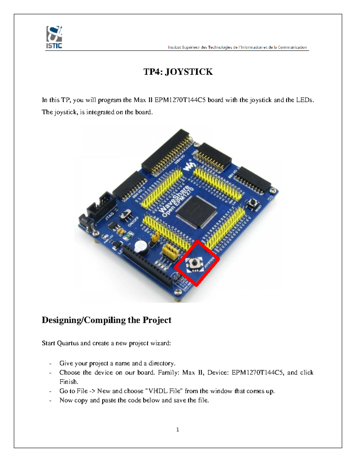 TP4: Joystick Programming with Max II EPM1270T144C5 Board - Studocu
