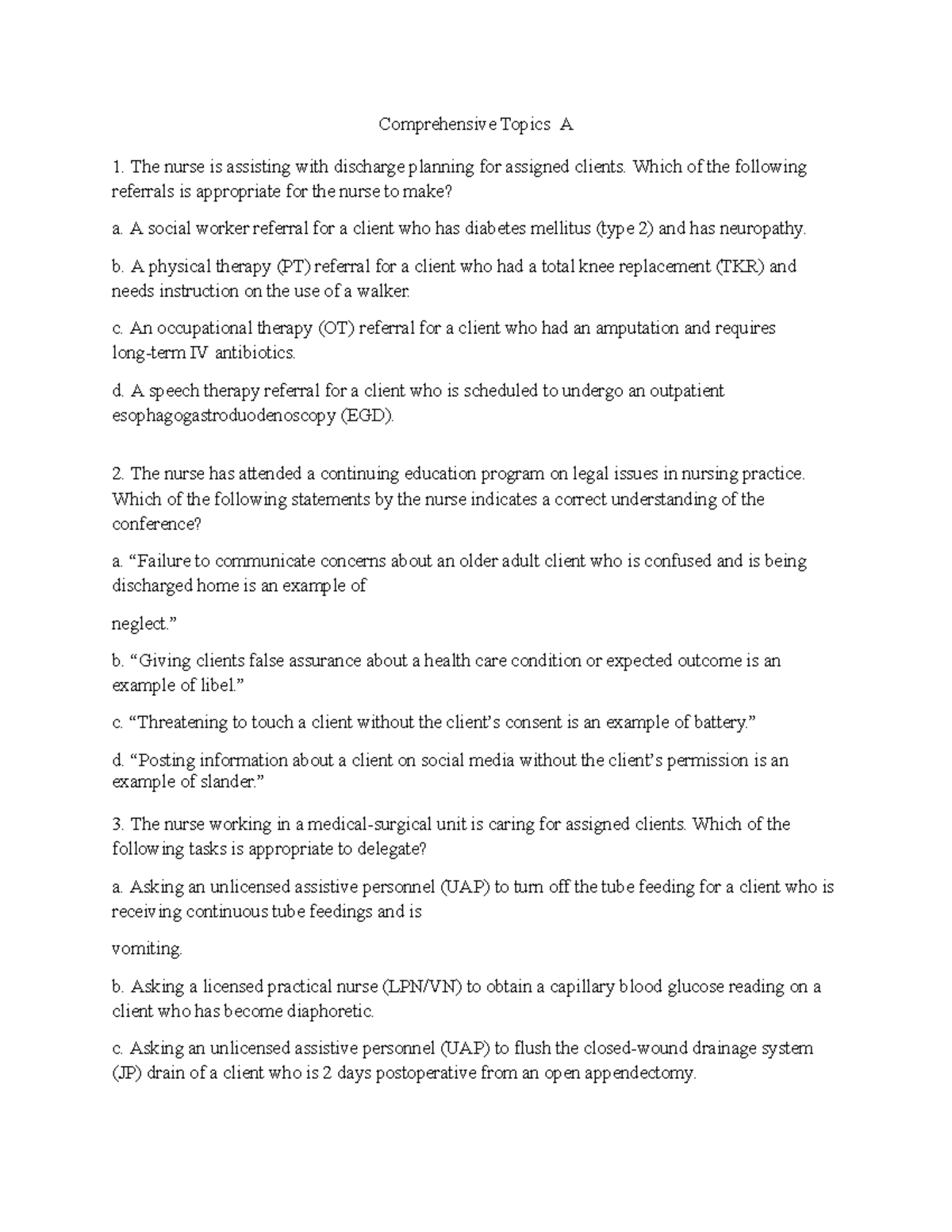 Comp A Mock Exam - Nursing Practice Questions and Answers - Studocu
