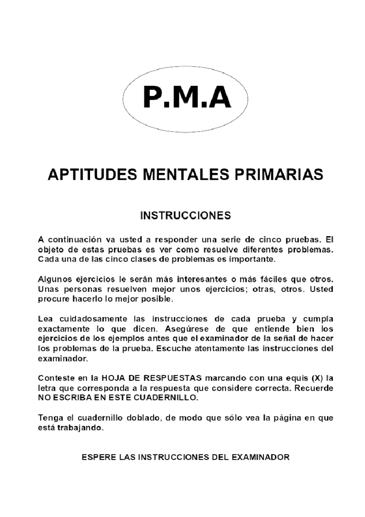 PMA Prueba de Aptitudes Mentales Primarias - Instrucciones y Ejemplos - Document Preview