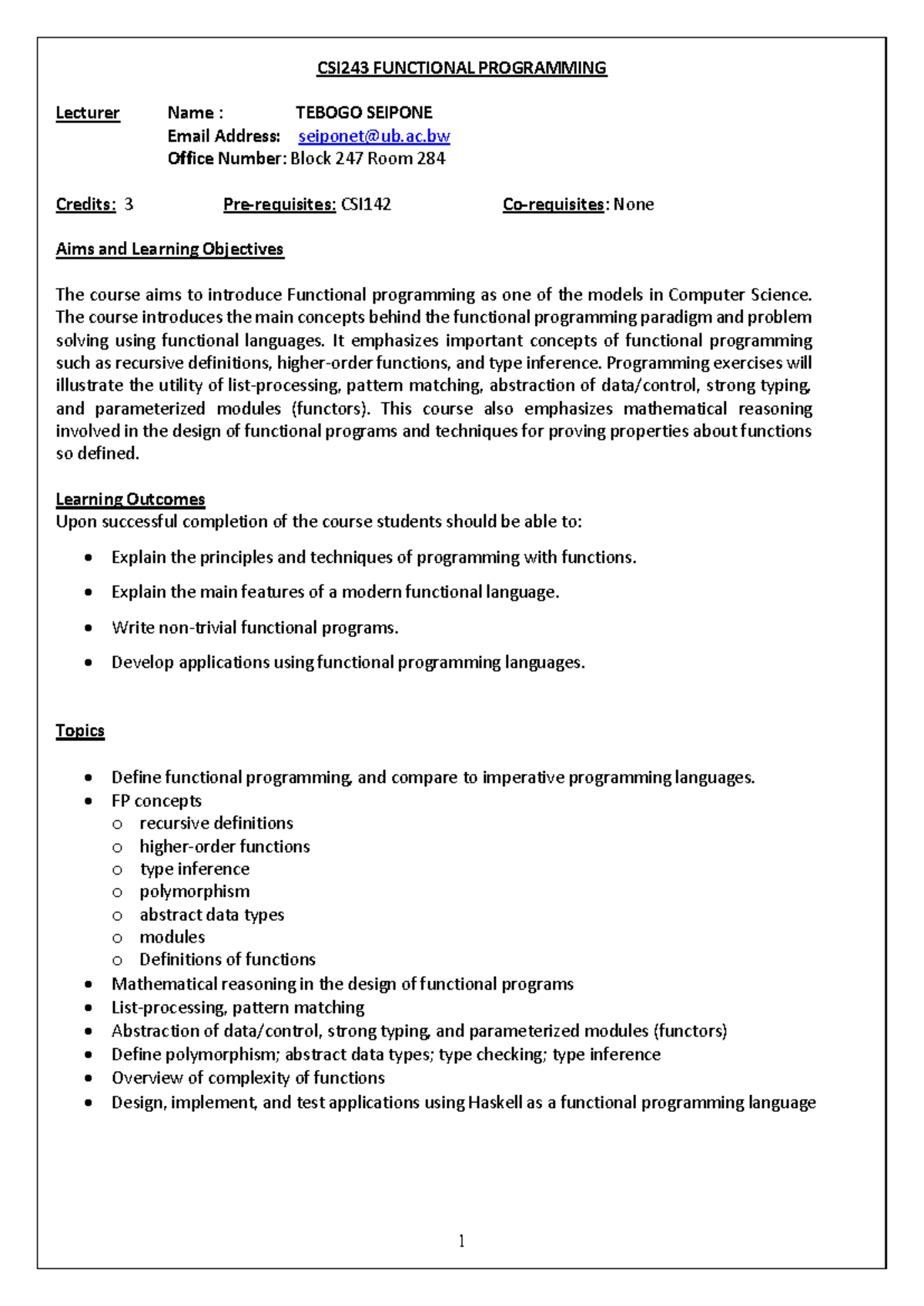CSI243 Functional Programming Course Content 2023 - Notes - Studocu