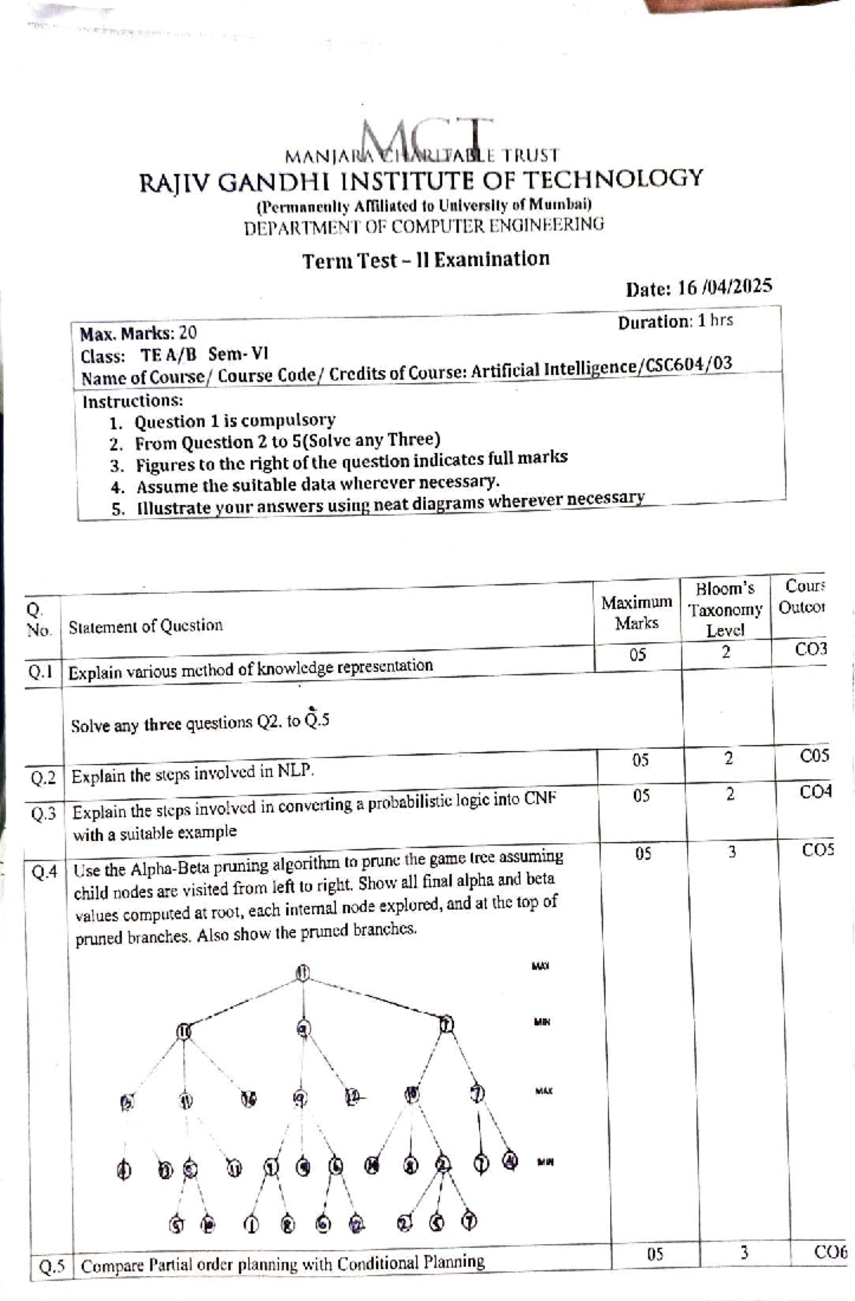 Term Test II PYQs for Artificial Intelligence & Quantitative Analysis ...