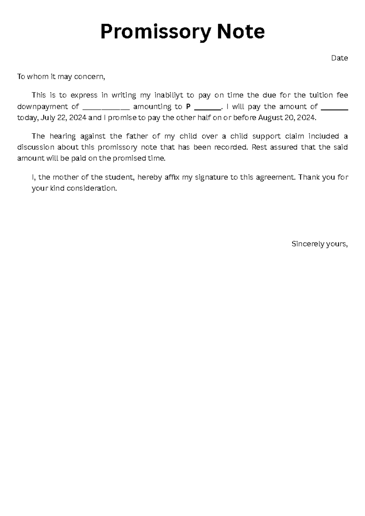 Promissory Note - for tuition fee - Promissory Note Date To whom it may ...