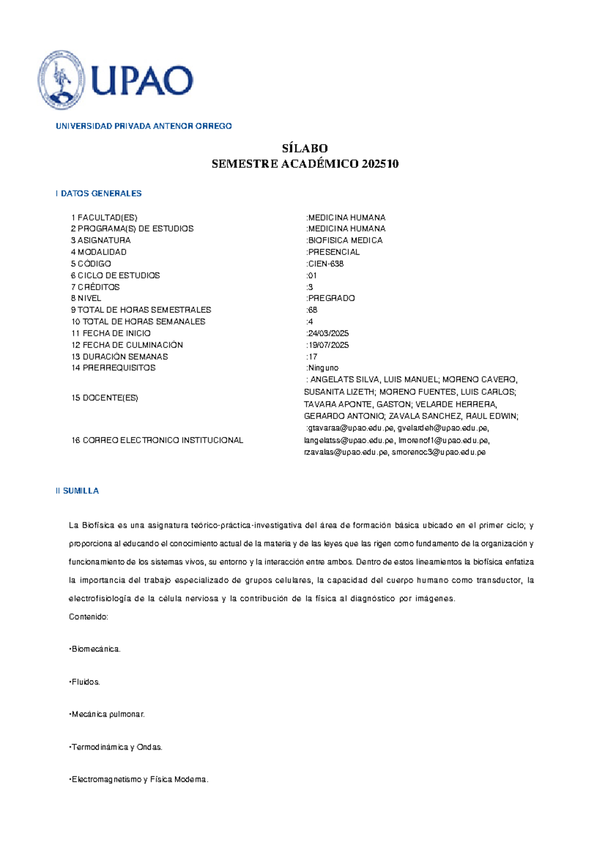 Sílabo de Biofísica - Medicina Humana - Semestre Académico 202510 - Document Preview