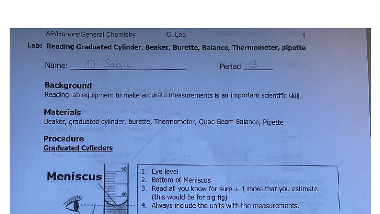 Chemistry C. Lee 1 Lab: Accurate Measurement Techniques with Lab ...