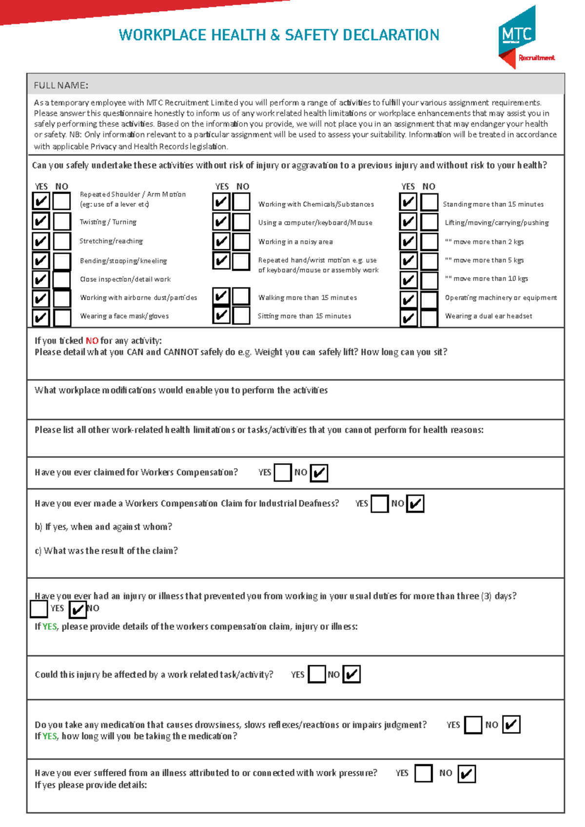 WHS Form JA - Workplace Health Safety Declaration for MTC Recruitment ...