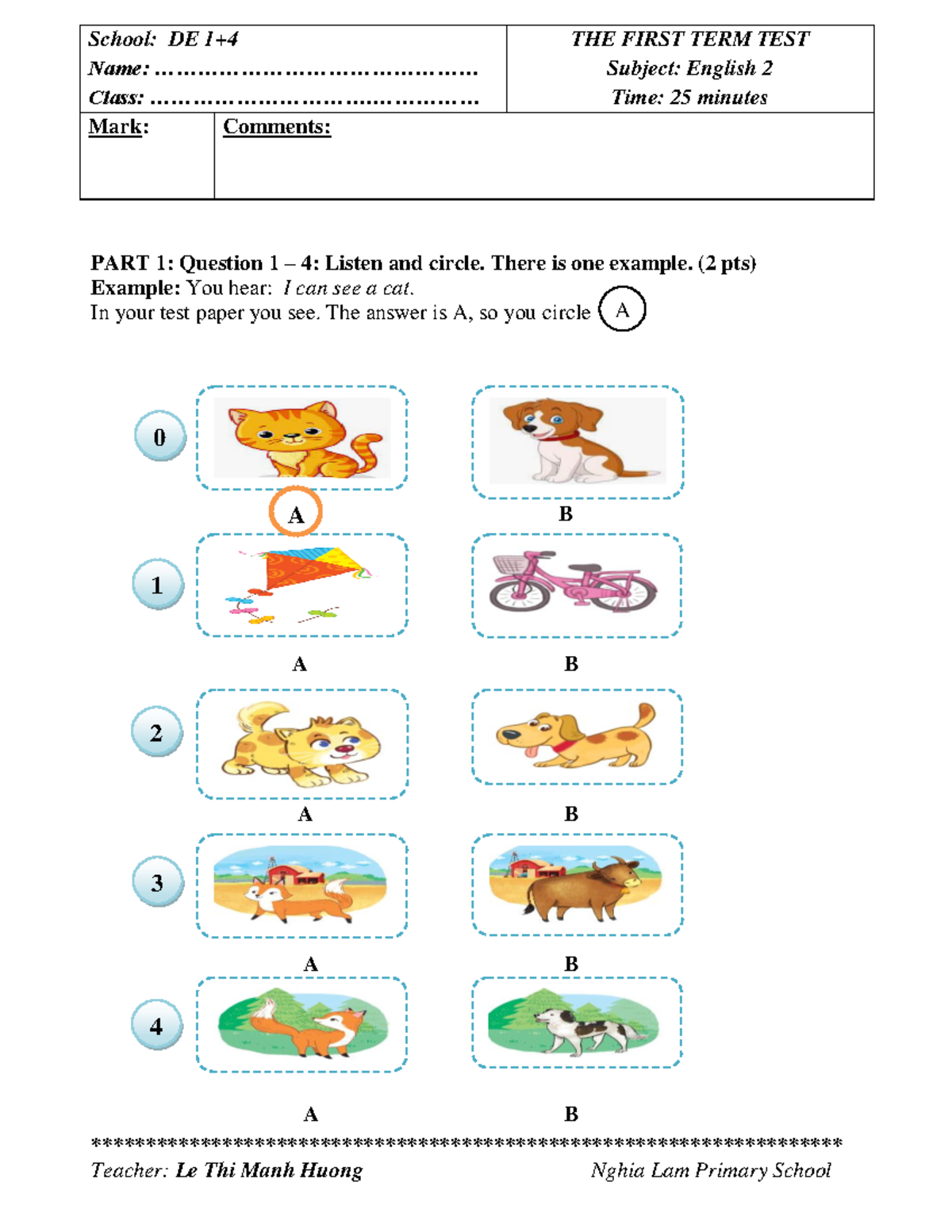 DE THI HK1 E2 DE1 - First Term English Test for Grade 2 - Studocu