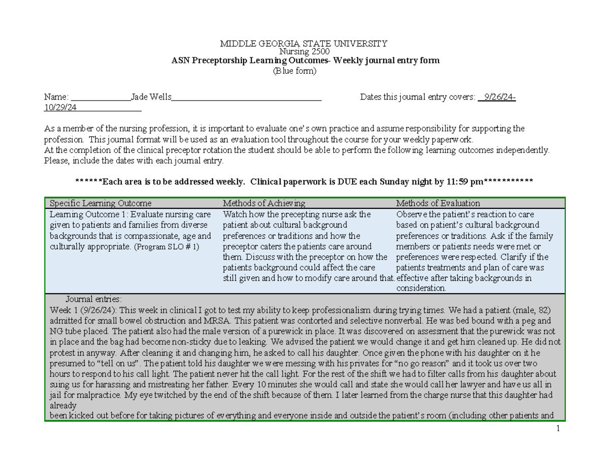 NURS 2500 ASN Preceptorship Weekly Journal Entries - Jade Wells - Studocu