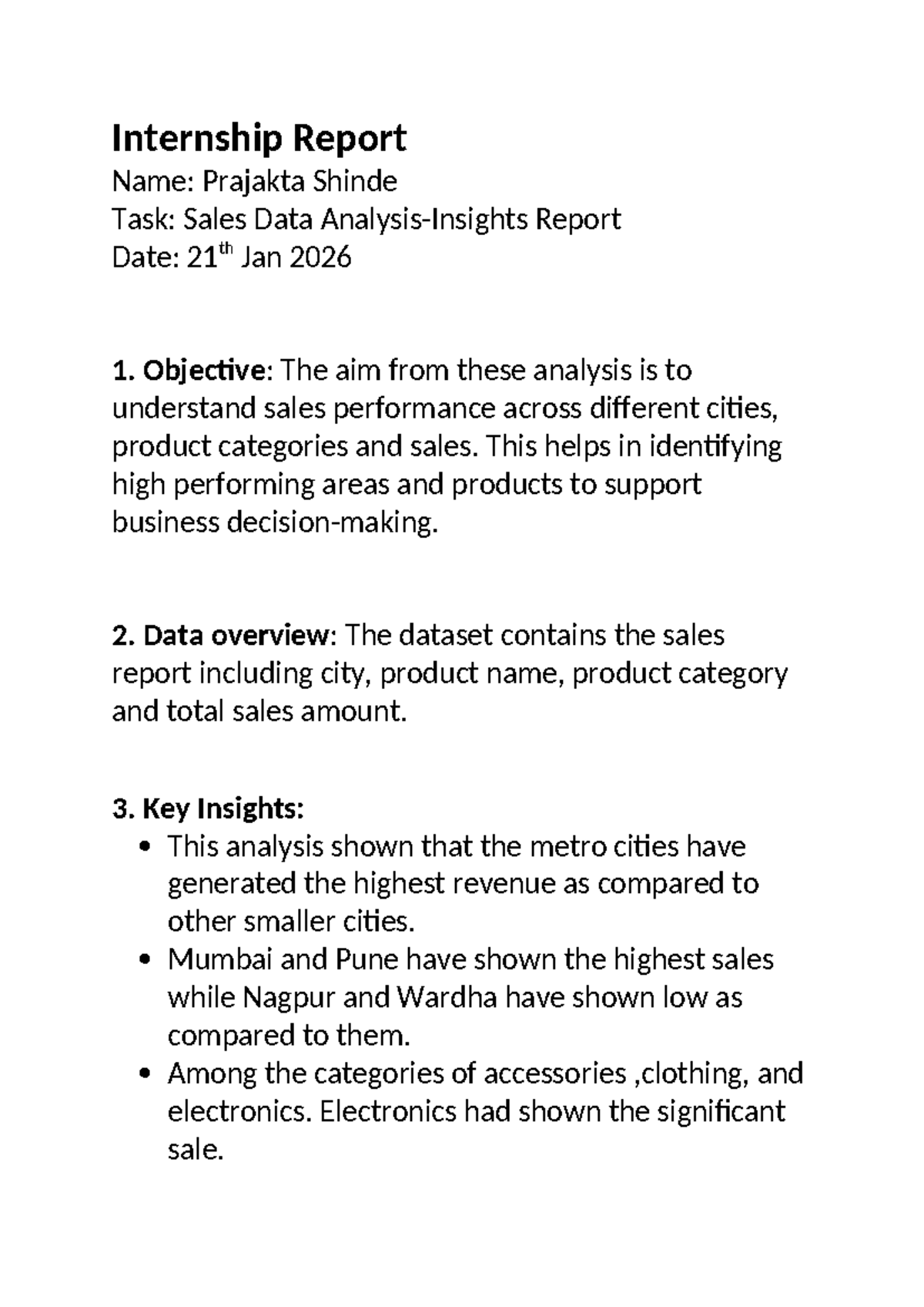 Internship Report: Sales Data Analysis Insights - Studocu