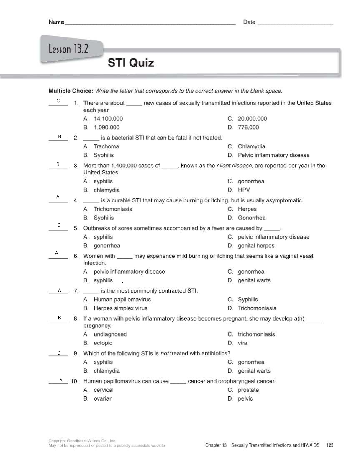 Essential Health Workbook 2018: STI Quiz (Lesson 13.2) - Studocu