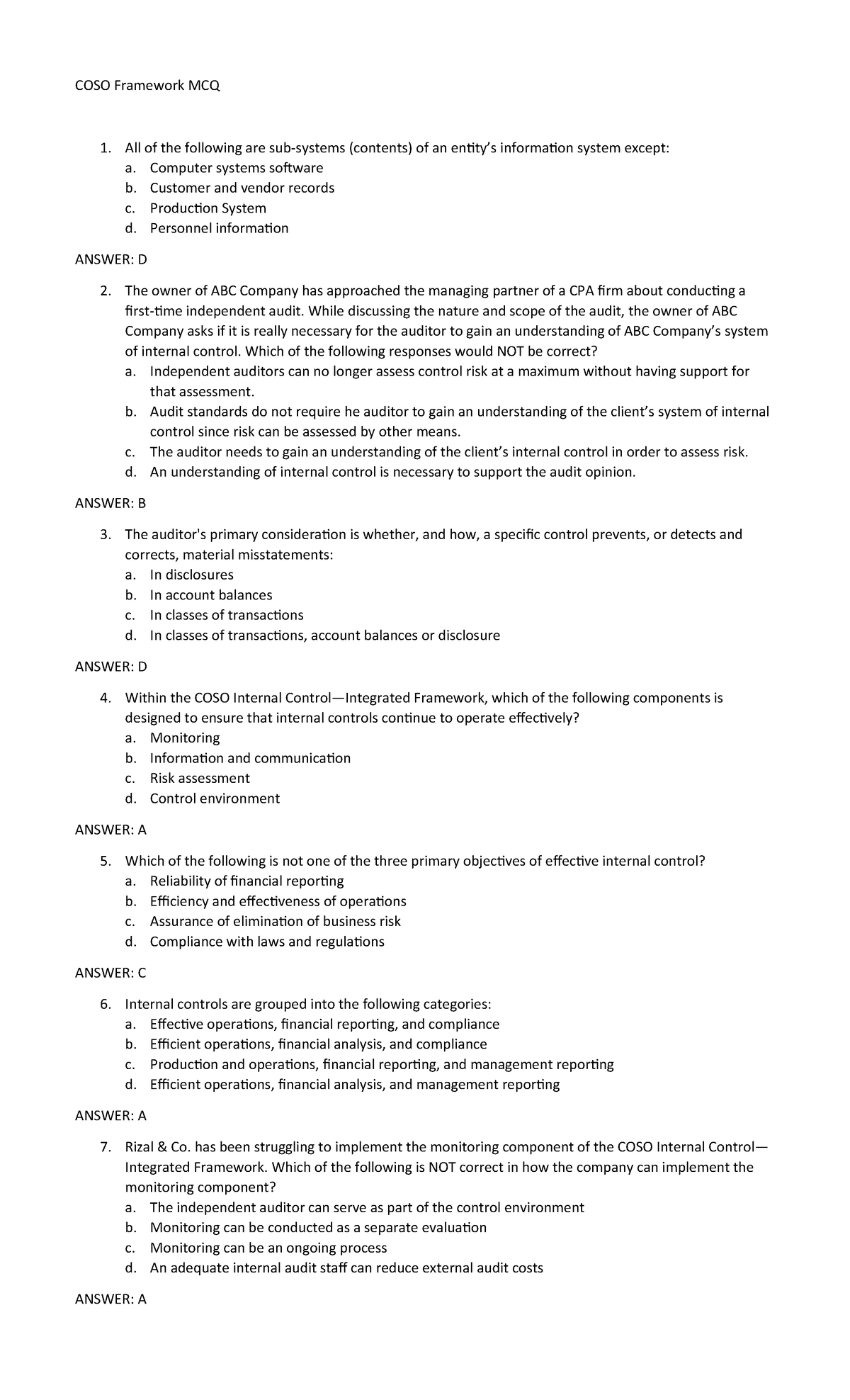 Quiz on COSO Framework: MCQ Practice Questions and Answers - Studocu