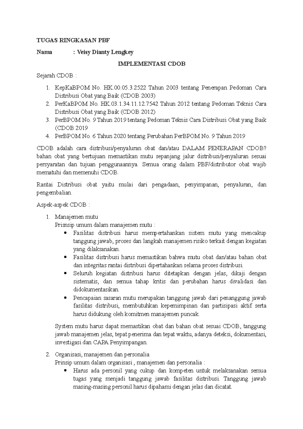 Implementasi CDOB dalam Distribusi Obat: Tugas Ringkasan PBF 2 - Document Preview