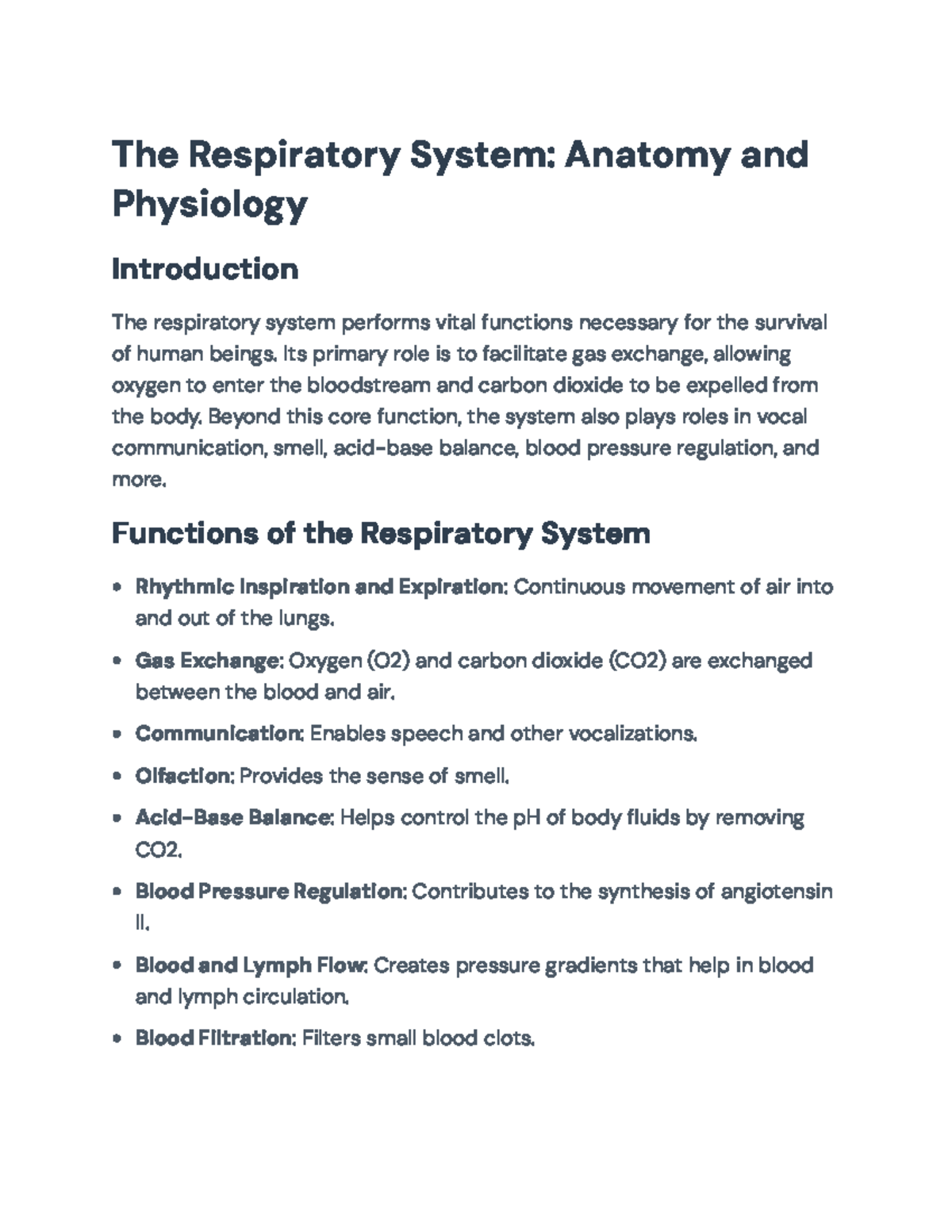 Anatomy and Physiology of the Respiratory System (Course Code: BIO101 ...