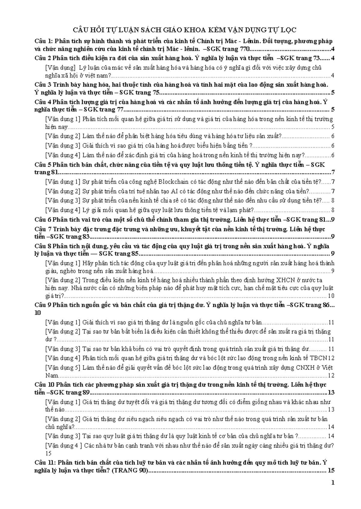 CÂU HỎI TỰ LUẬN VÀ VẬN DỤNG KINH TẾ CHÍNH TRỊ MÁC LÊNIN (KTCT) - Document Preview