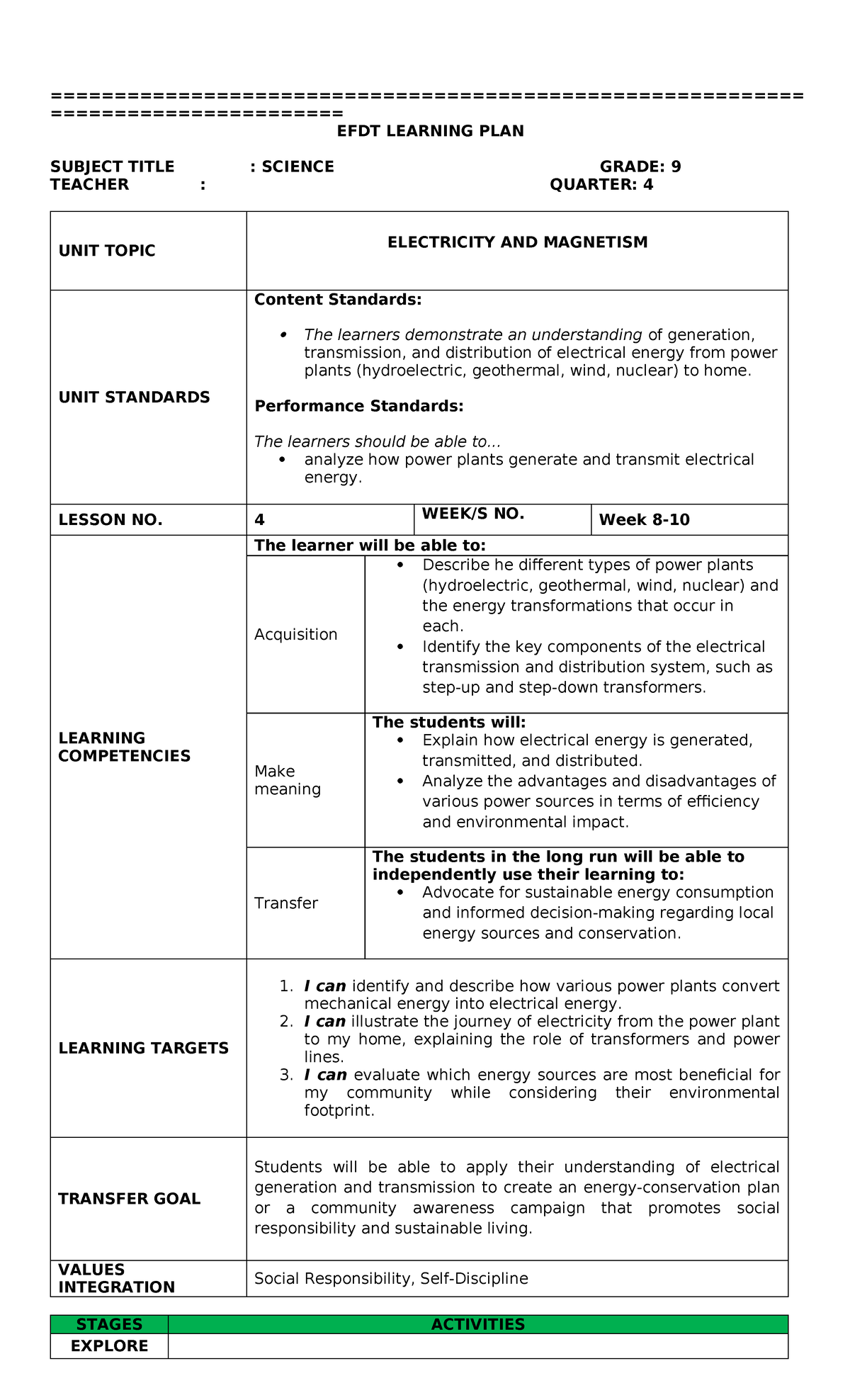 EFDT LEARNING PLAN: Q4 Week 8-10 - Electricity & Magnetism (Grade 9 ...