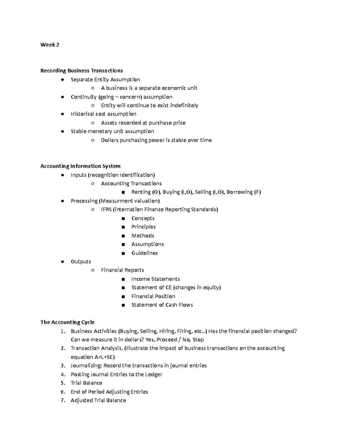 Week 2 - Week 2 accounting notes - Week 2 Recording Business ...