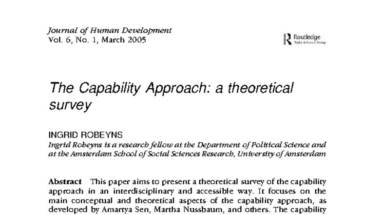 The Capability Approach: A Theoretical Survey by Ingrid Robeyns - Studocu