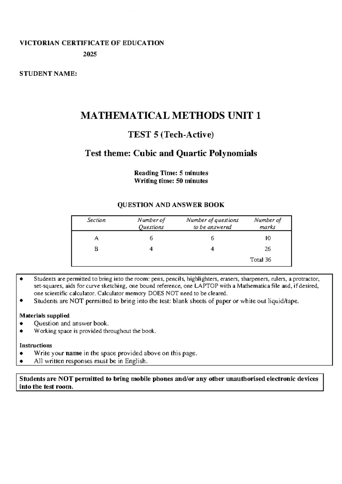 Mathematical Methods MATHMETH Unit 1 Test 5: Cubic & Quartic ...