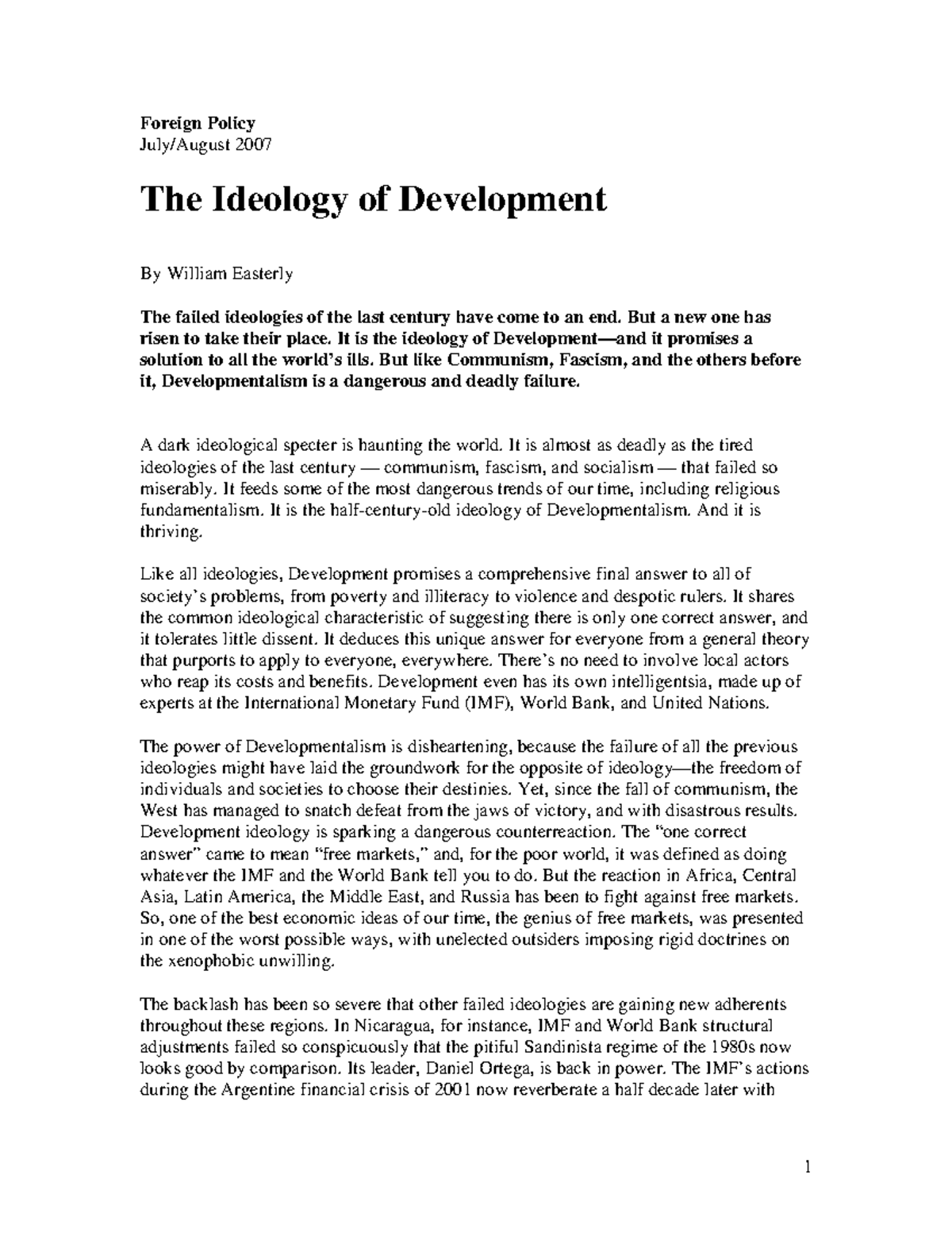 The Ideology of Development: A Critical Analysis by William Easterly ...