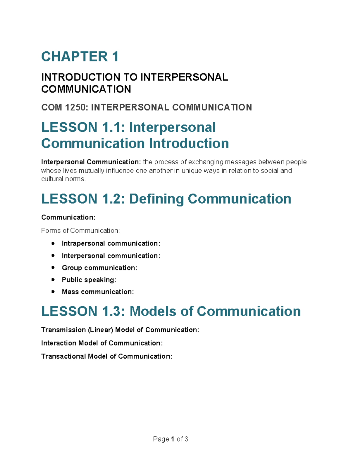 Com 125 0 Chapter 1 Introduction To Interpersonal Communication