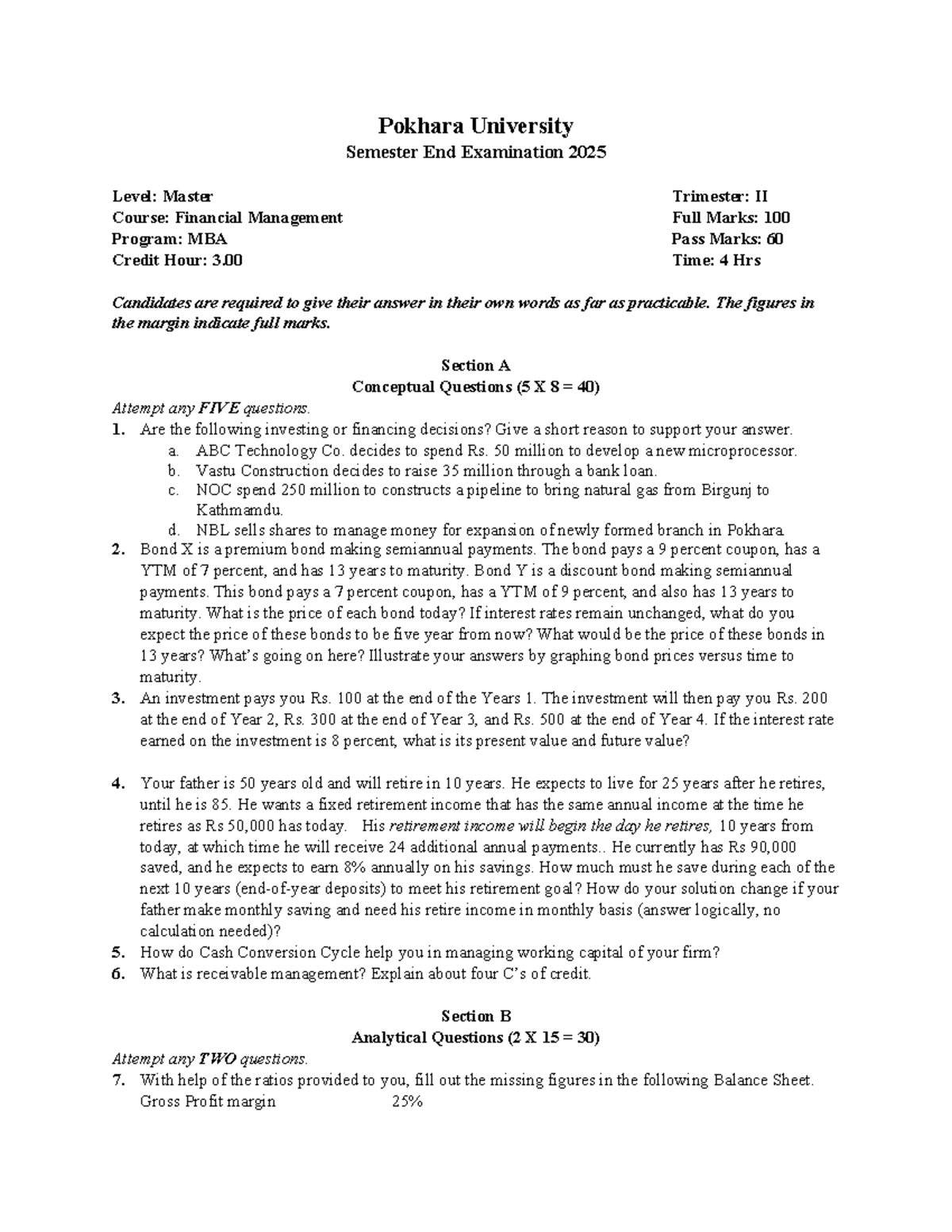 MBA Financial Management Practice Questions - Semester End Exam 2025 ...