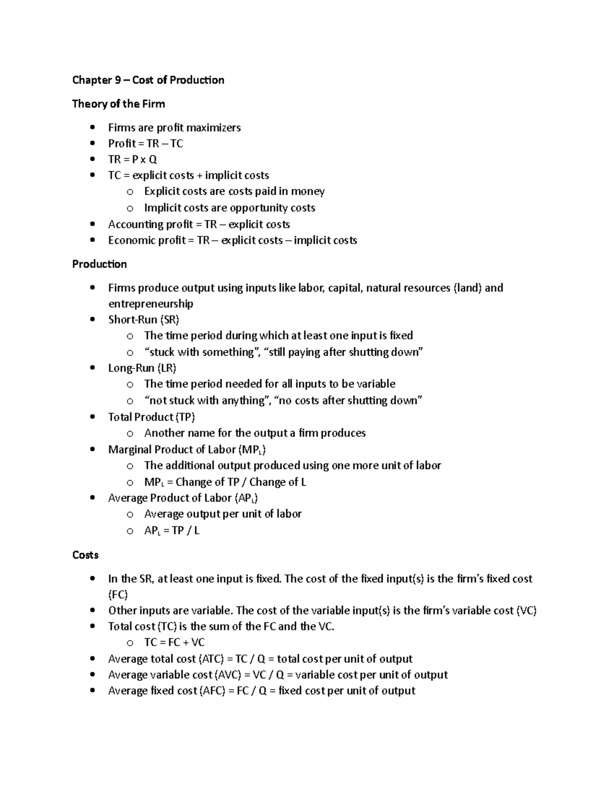 Unit 9 - Cost of Production [Lecture Notes] - Chapter 9 – Cost of ...