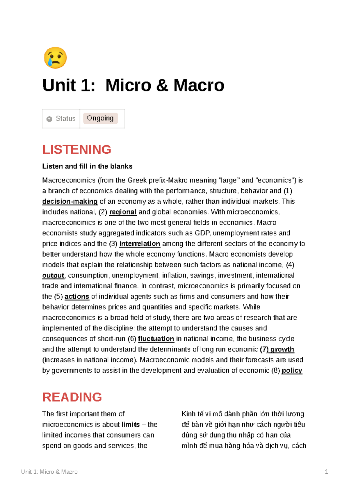 Unit 1 Micro Macro - ................... - Unit 1: Micro & Macro Status ...