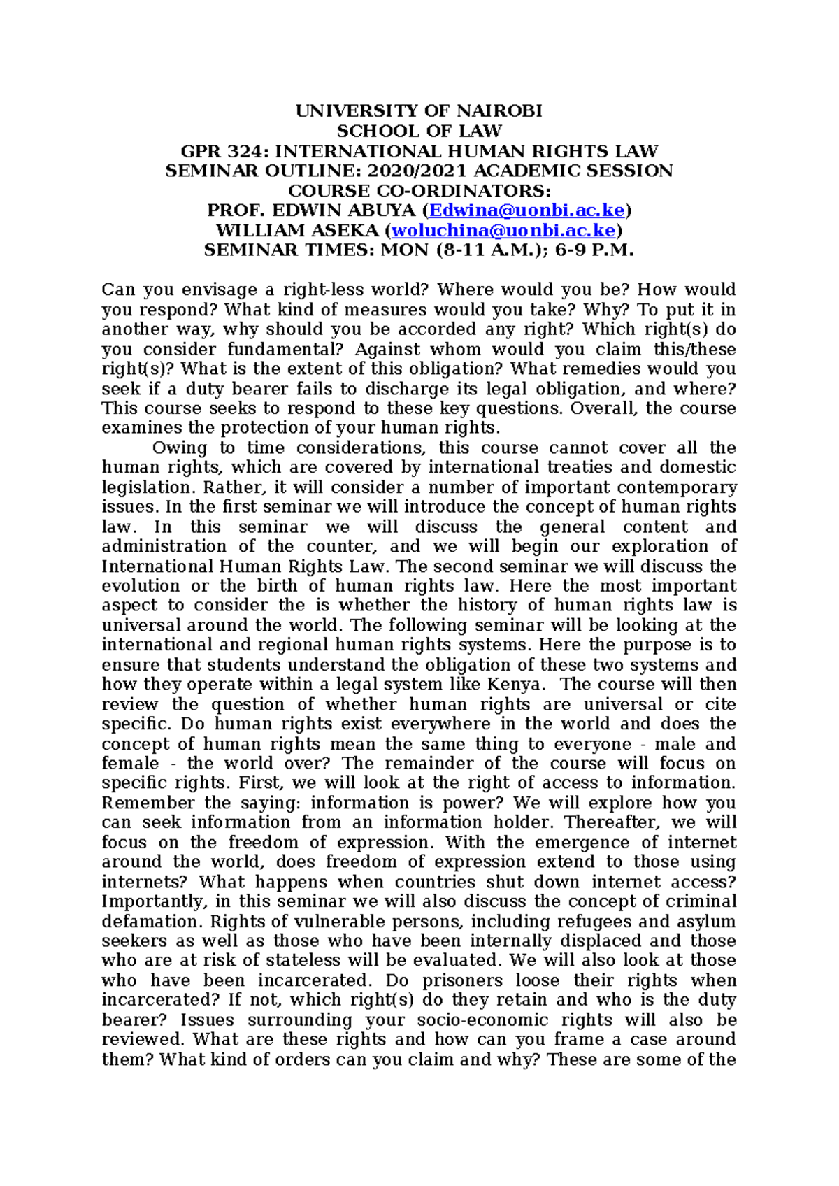 GPR 324: International Human Rights Law Seminar Outline - Studocu