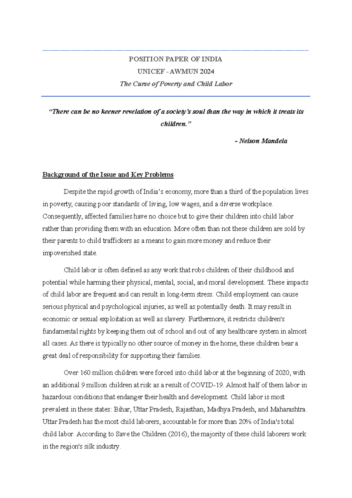 Position Paper: India on Child Labor & Poverty - UNICEF AWMUN 2024 ...