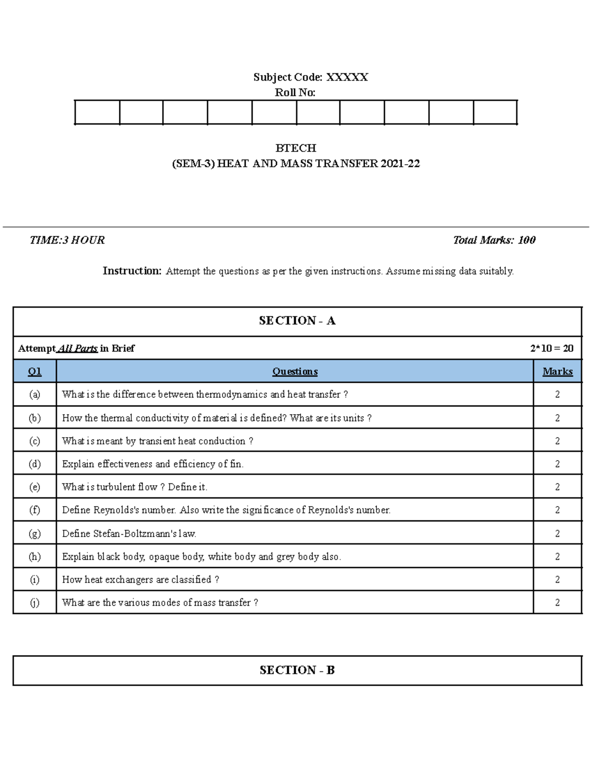 HEAT AND MASS TRANSFER Question Paper 2021-22: BTECH SEM-3 Exam - Studocu