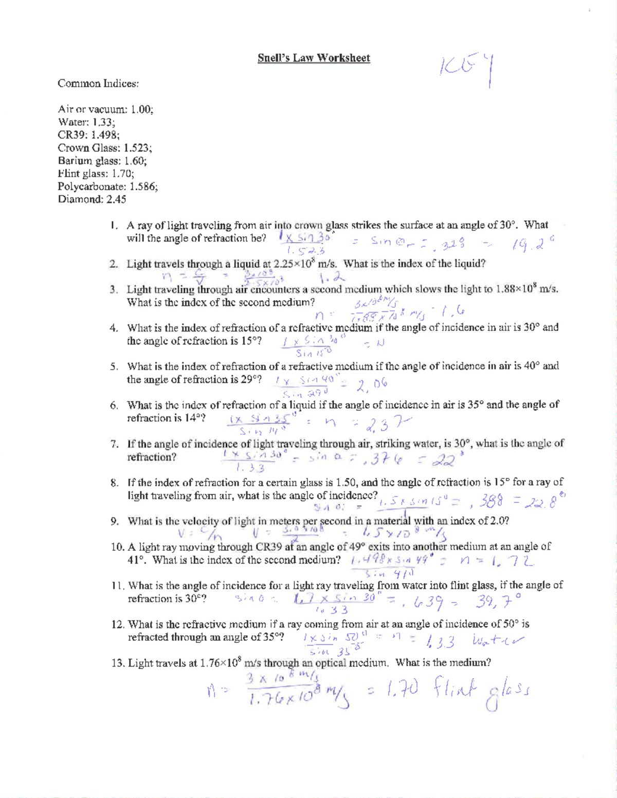 Snells law ws - jhjcu jhgkjguyt - Law Worksheet KEY Common Indices: Air ...