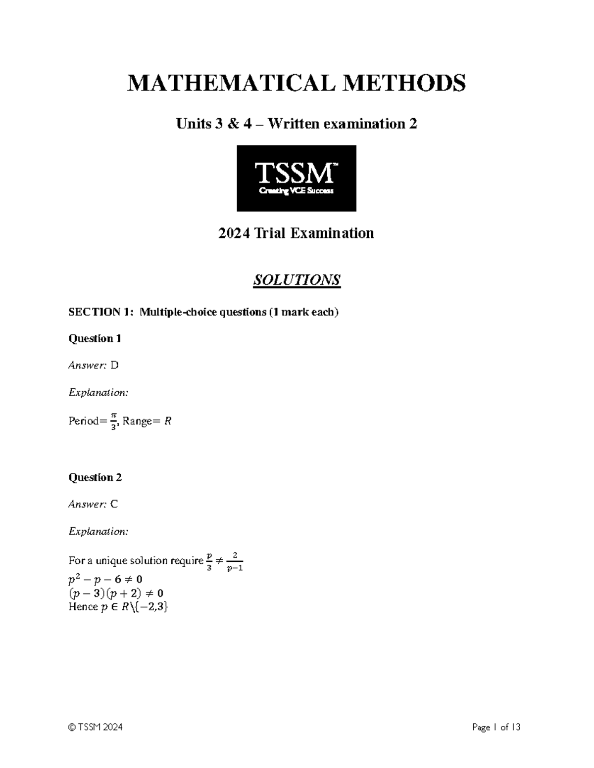 MATHEMATICAL METHODS 2024 Units 3 & 4 Exam 2 Solutions - Studocu