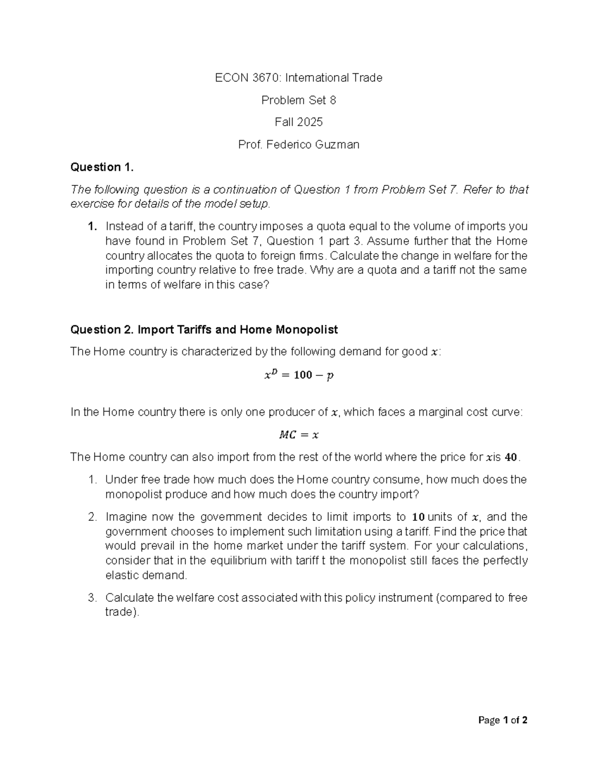 ECON 3670: International Trade Problem Set 8 - Practice Set - Studocu