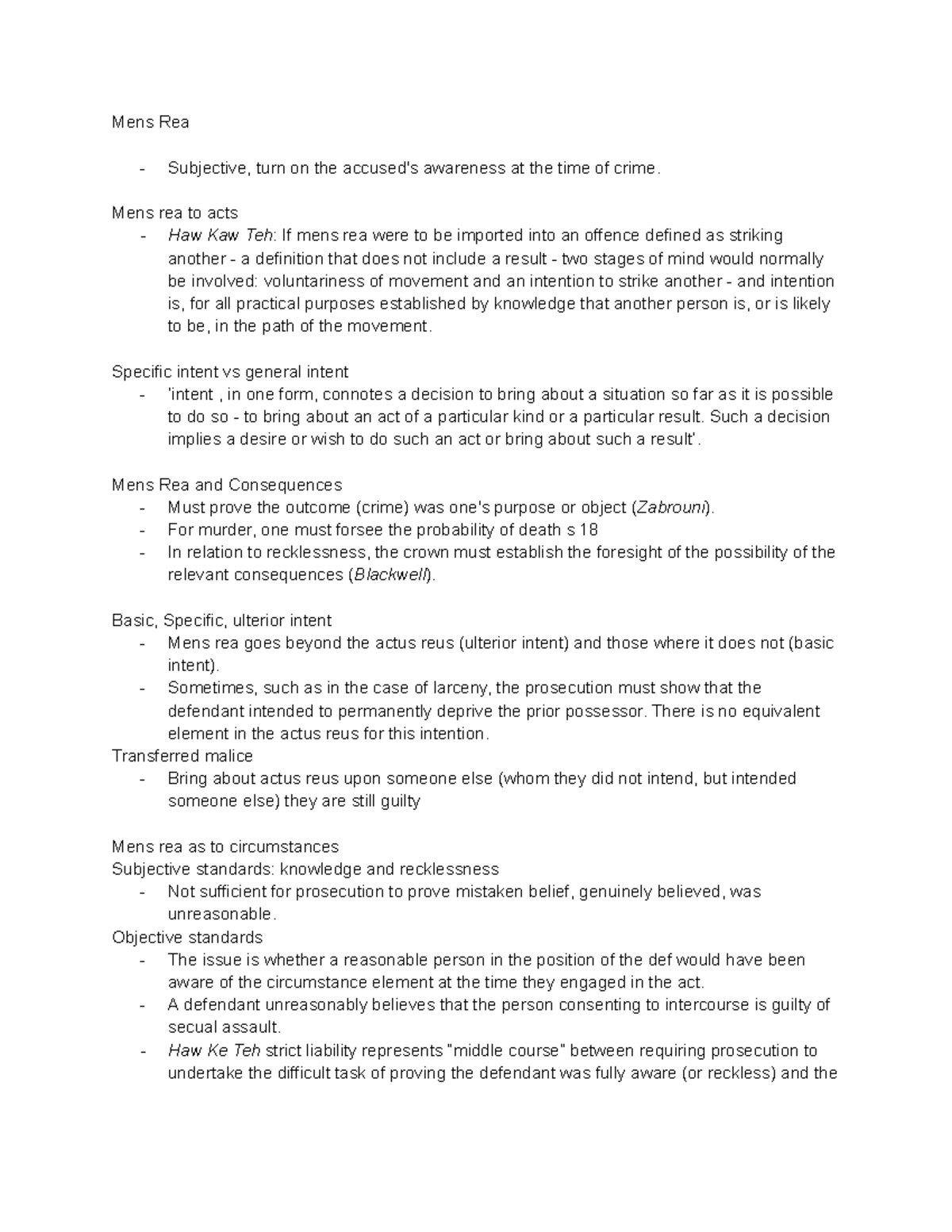 LAWS1021 Mens Rea Study Notes: Key Concepts and Cases Analysis - Studocu
