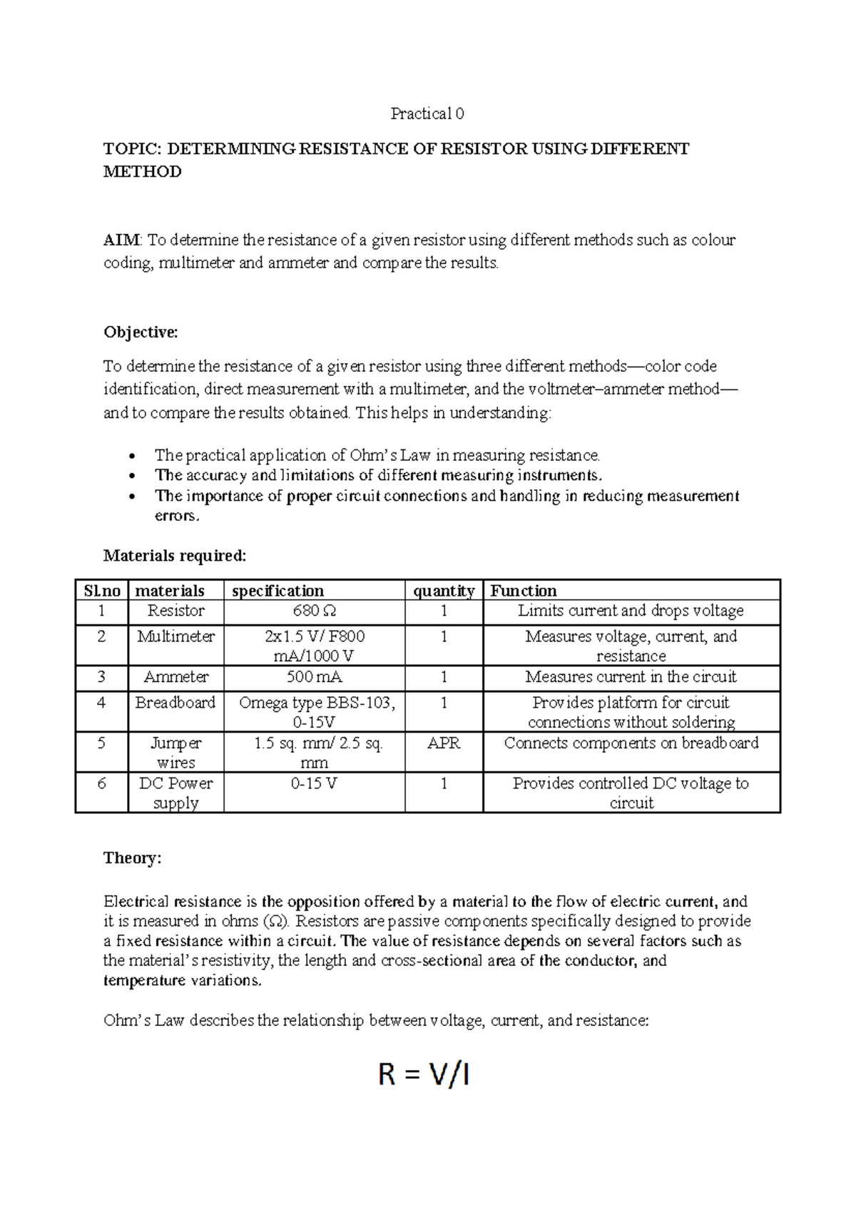 ISM Practical 0: Determining Resistor Resistance via Methods - Studocu