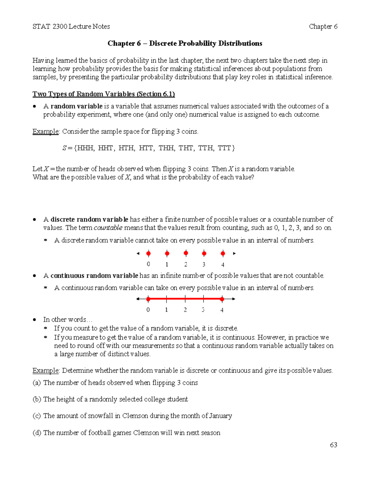 STAT 2300 Lecture Notes: Chapter 6 Discrete Probability Distributions ...