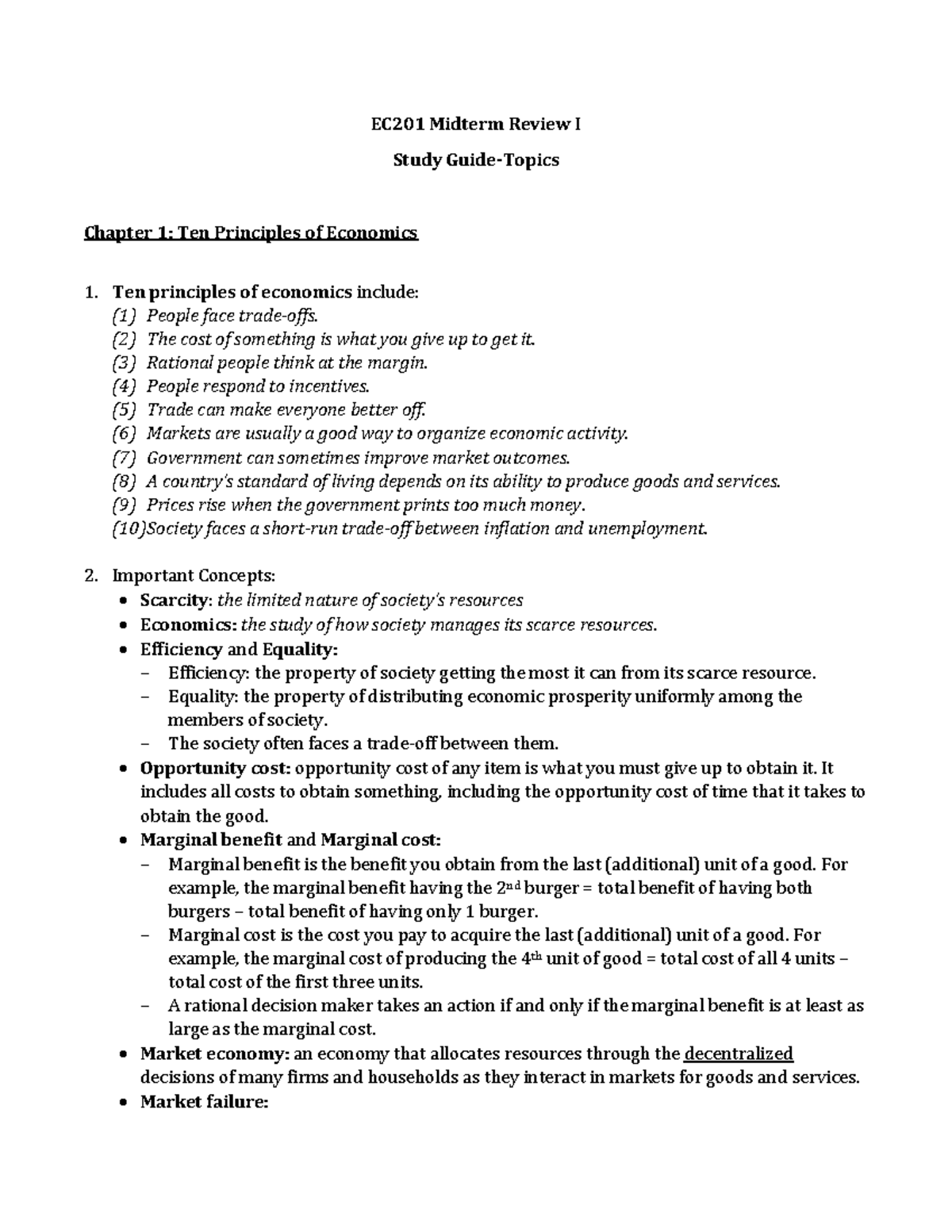 EC201 Midterm Review I: Key Principles of Economics and Trade - Studocu
