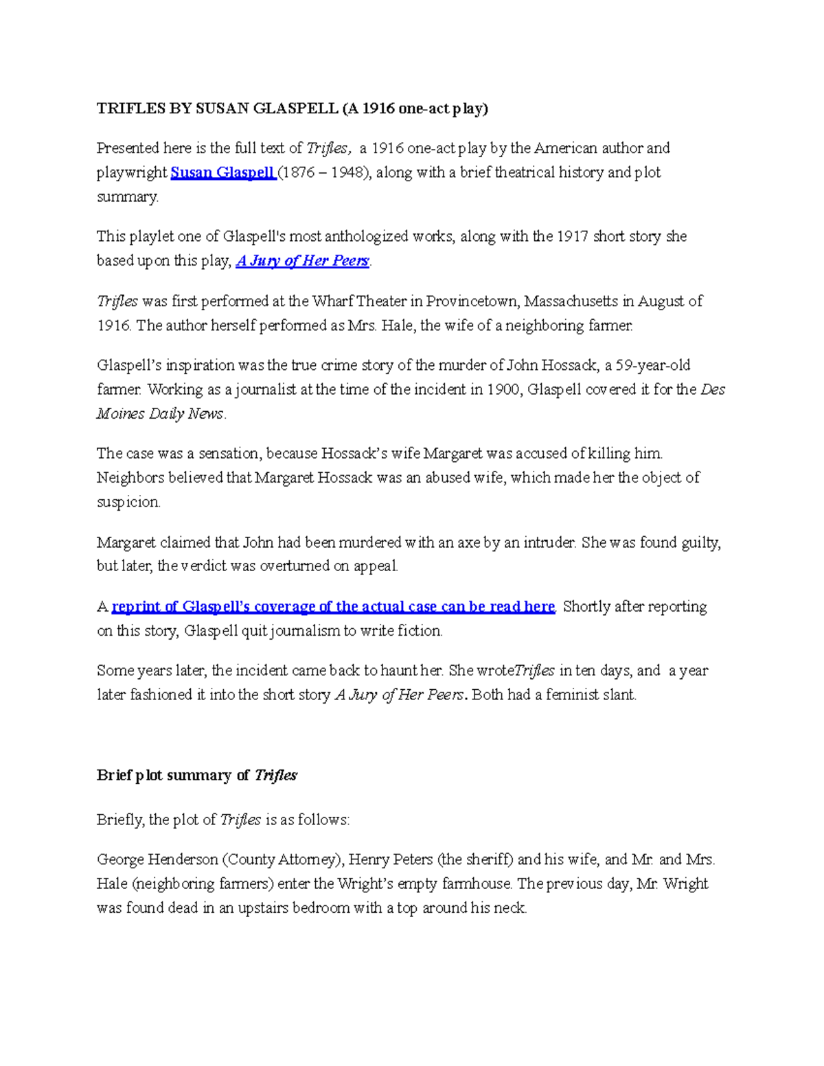 Trifles (ENG 101) - Full Text and Analysis of Susan Glaspell's Play ...