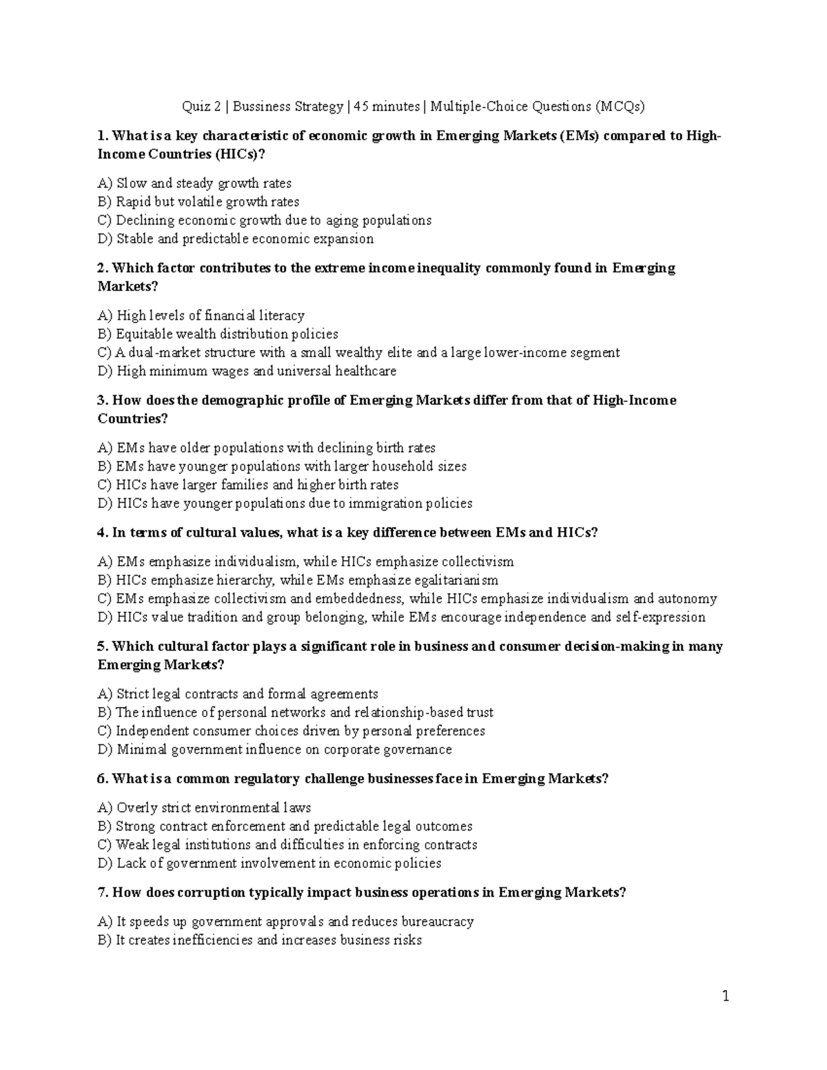 Quiz 2 - 40 MCQs on Business Strategy in Emerging Markets - Studocu