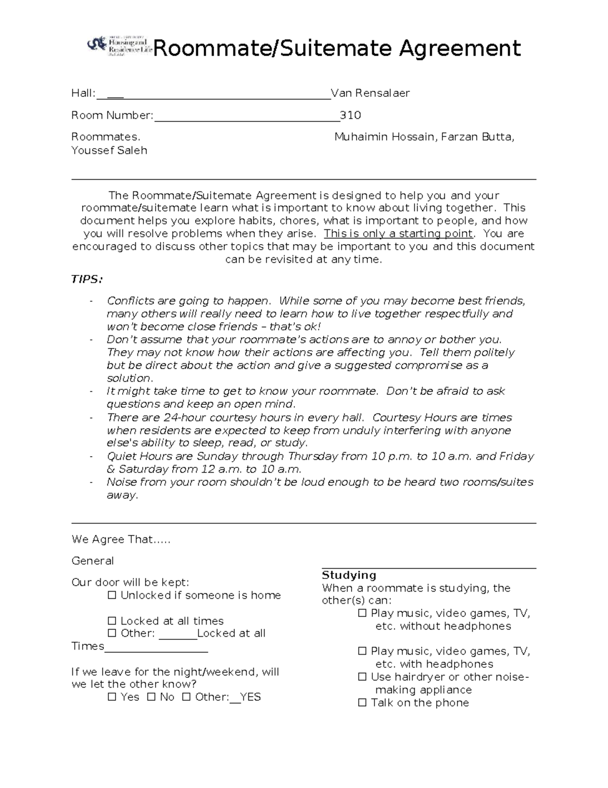 310 Suitemate Agreement: Guidelines for Roommate Living - Studocu