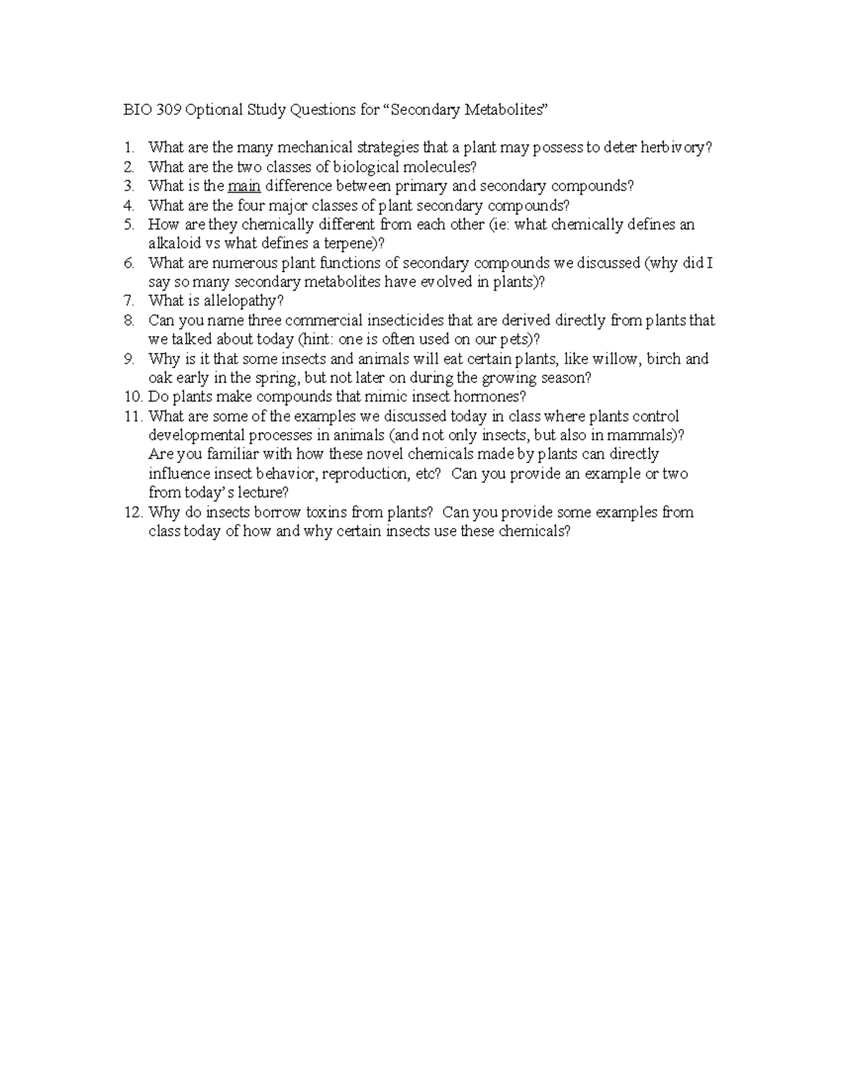 BIO 309 Optional Study Questions on Secondary Metabolites - Studocu