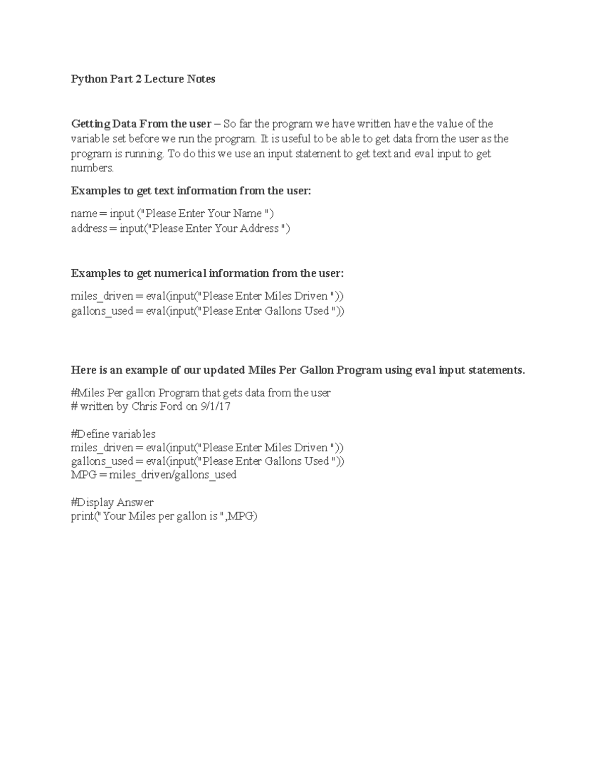 Python 2 Lecture Notes: User Input & If Statements Basics - Studocu