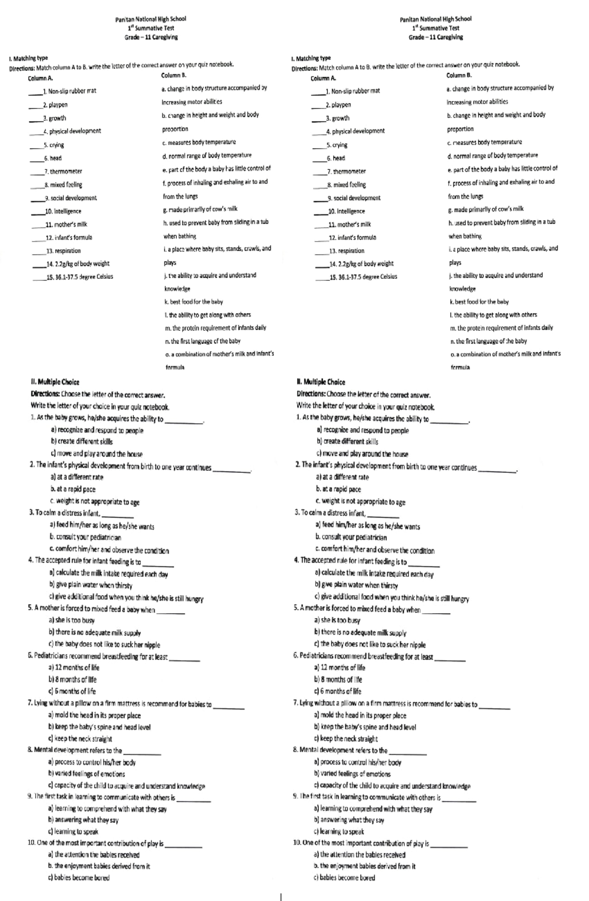 Grade 11 Caregiving 1st Summative Assessment Guide - Studocu